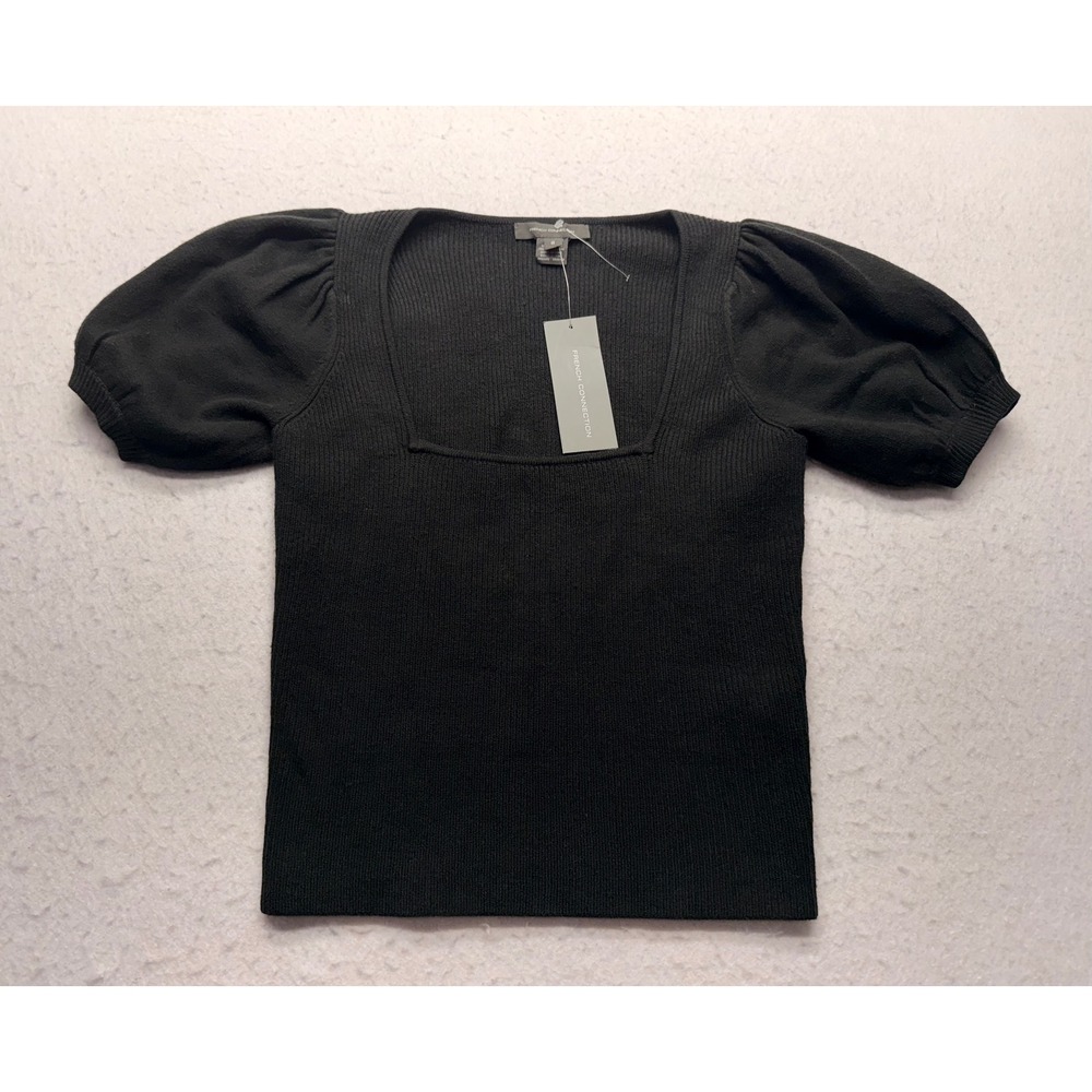 French Connection Women Black Ribbed Square Neck Puff Sleeve Knit Top Small NWT